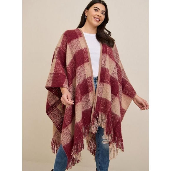 Torrid Red Tan Reversible Ruana Cozy Fall Plaid Women’s Tassel Cape One Size - Picture 2 of 12